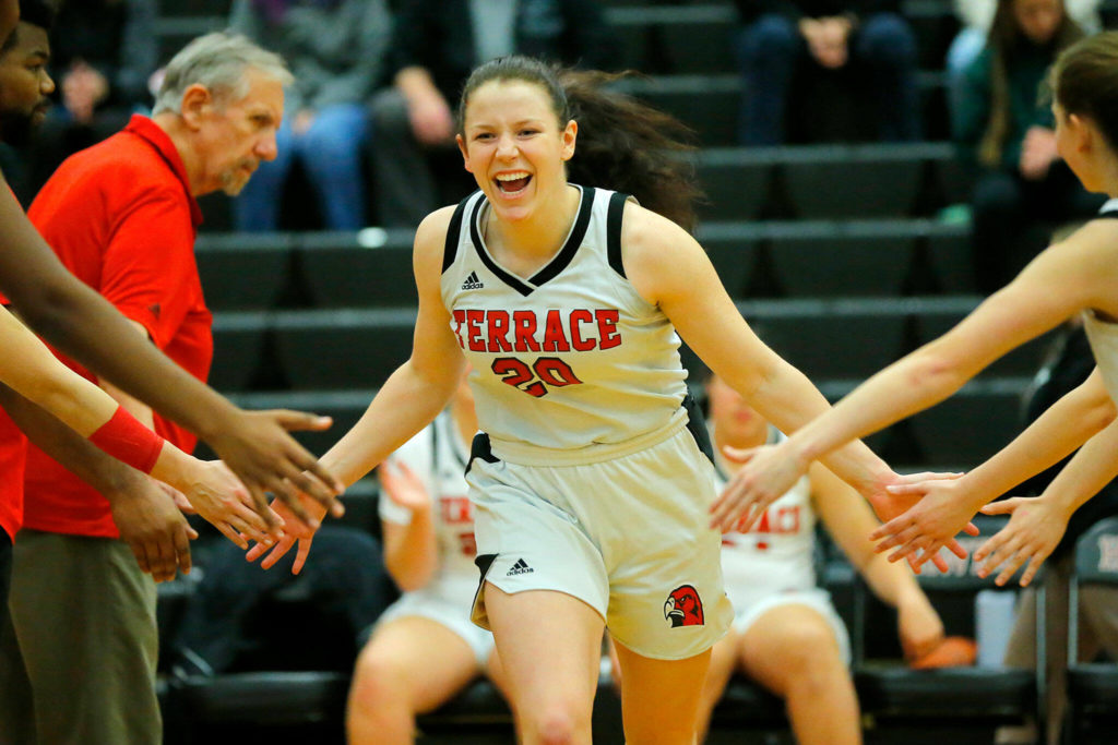 Mountlake Terrace’s Cameron Dunn is introduced before a matchup against Meadowdale on Wednesday, Jan.11, 2023, at Mountlake Terrace High School in Mountlake Terrace, Washington. (Ryan Berry / The Herald)
