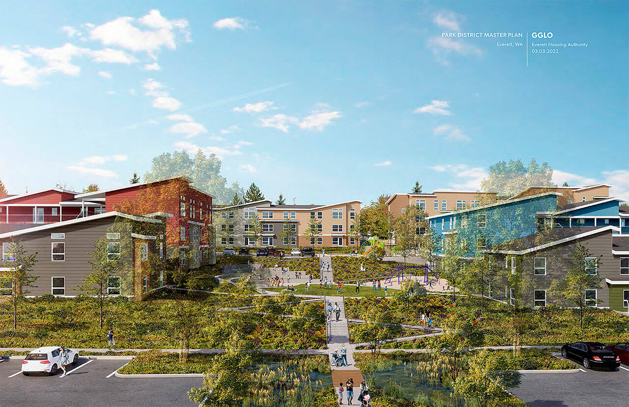 A rendering of the 1,500-unit Park District mixed-income and mixed-use housing development proposed by the Everett Housing Authority in north Everett shows its tiered layout with shorter buildings on the property’s exterior and taller ones in the interior. (Everett Housing Authority)