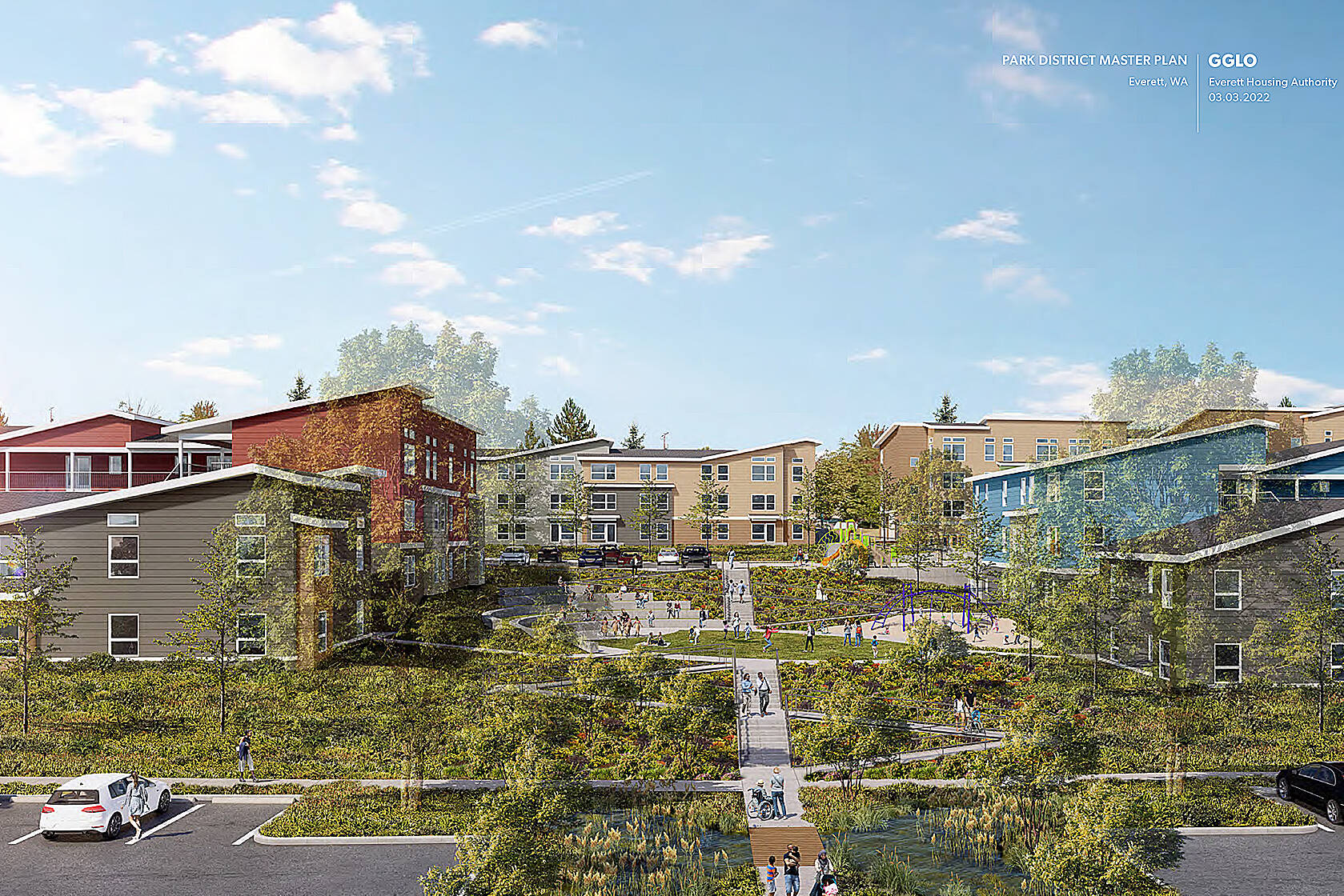 A rendering of the Park District mixed-income and mixed-use housing development proposed by the Everett Housing Authority shows its tiered layout with shorter buildings on the property's exterior and taller ones in the interior. (Everett Housing Authority)