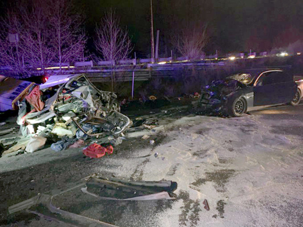 The scene of a fatal crash on Feb. 8, 2022 on northbound I-5 in Arlington. (Washington State Patrol) 
