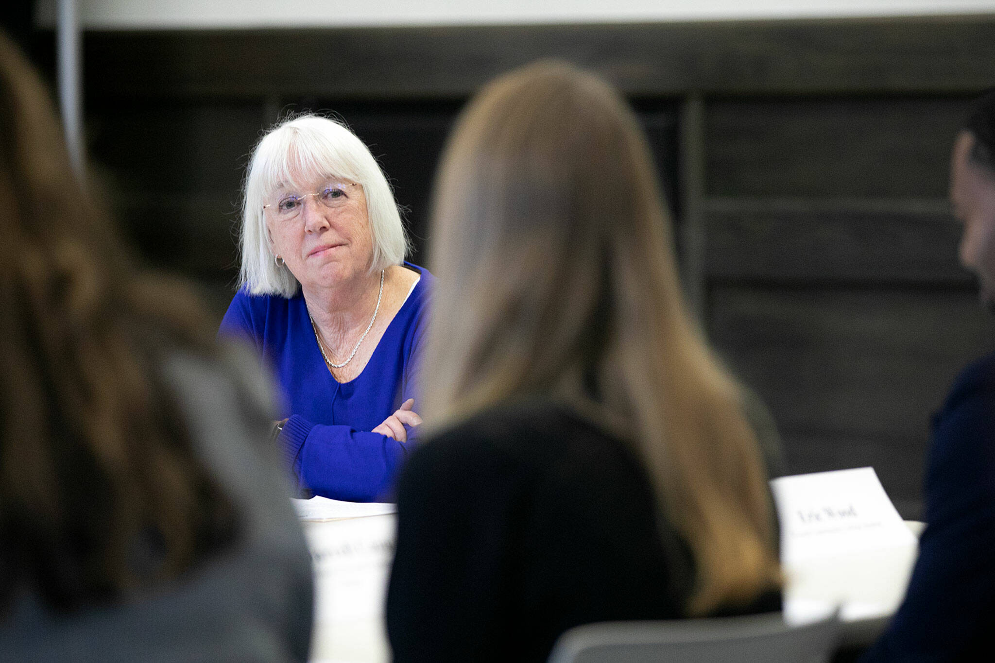 Senator Patty Murray listens to students share their experiences with financial aid during a roundtable meeting to discuss access to higher education and Pell Grant increases Thursday, Jan. 19, 2023, at Everett Community College in Everett, Washington. (Ryan Berry / The Herald)