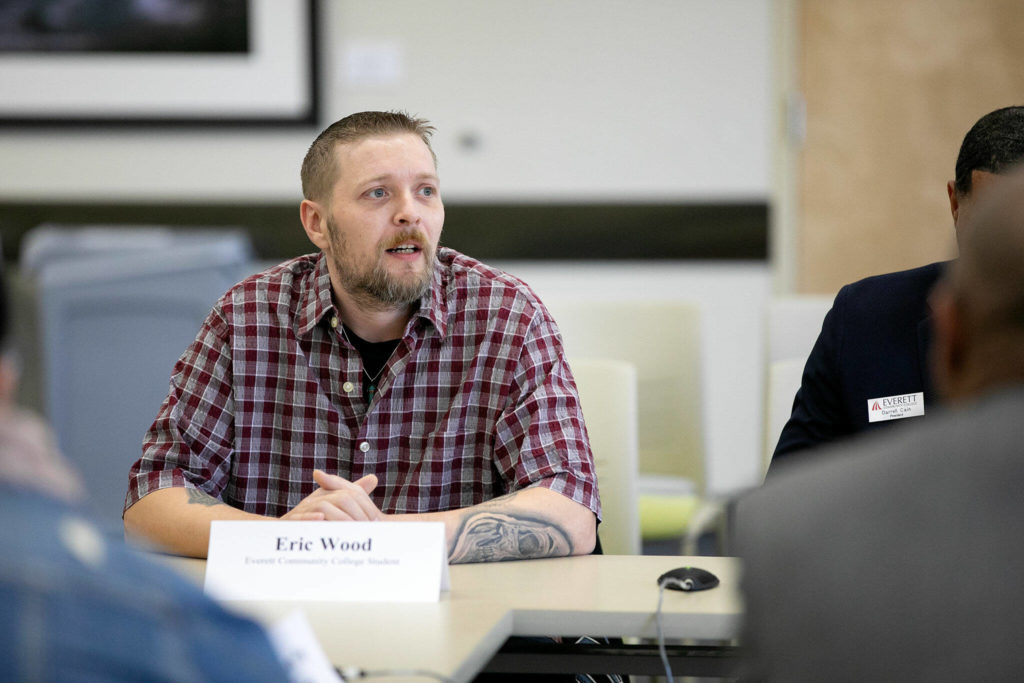 ECC student Eric Wood shares his story during a roundtable meeting to discuss access to higher education and Pell Grant increases Thursday, Jan. 19, 2023, at Everett Community College in Everett, Washington. (Ryan Berry / The Herald)
