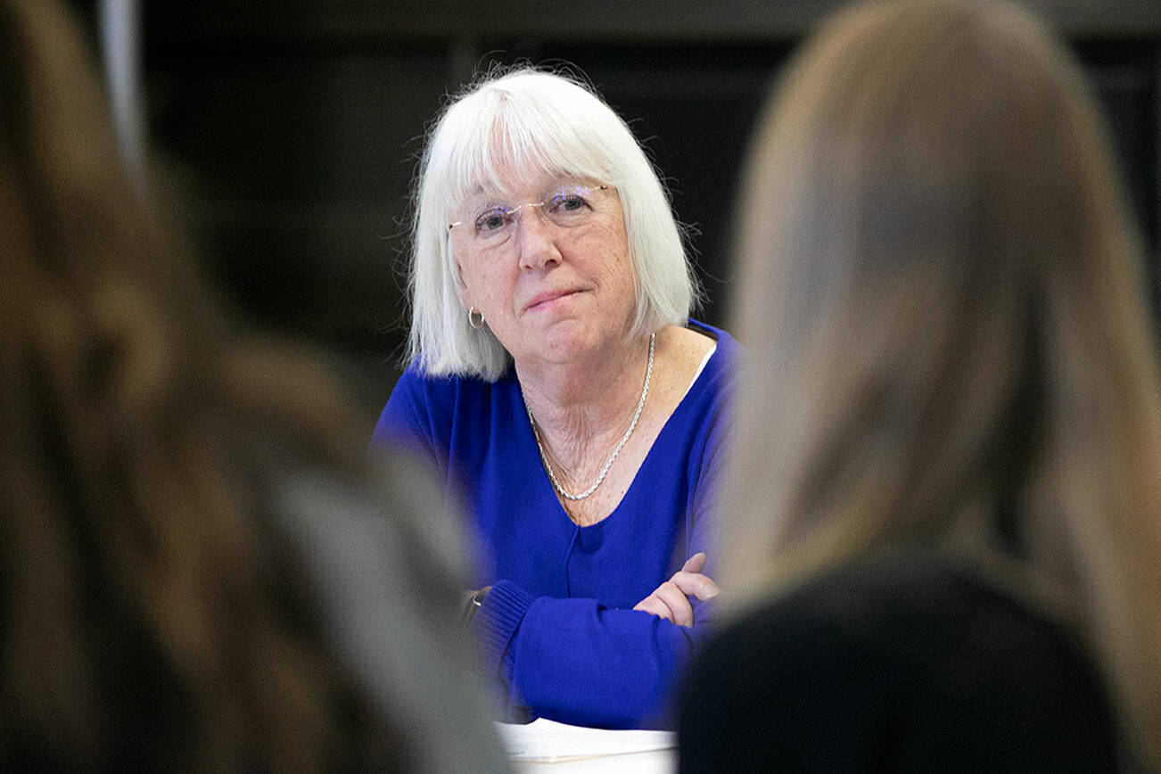 Senator Patty Murray listens to students share their experiences with financial aid during a roundtable meeting to discuss access to higher education and Pell Grant increases Thursday, Jan. 19, 2023, at Everett Community College in Everett, Washington. (Ryan Berry / The Herald)