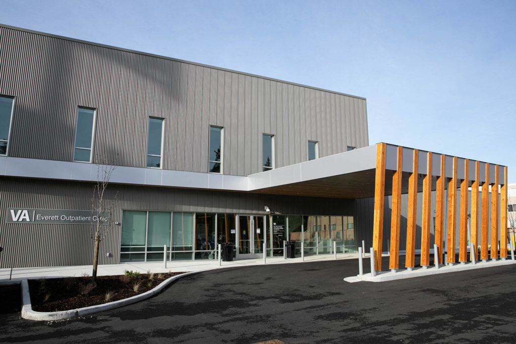 The main entrance of the new VA Puget Sound Health Care System Everett Clinic is seen on Friday, Jan. 20, 2023, in Everett, Washington. (Ryan Berry / The Herald)
