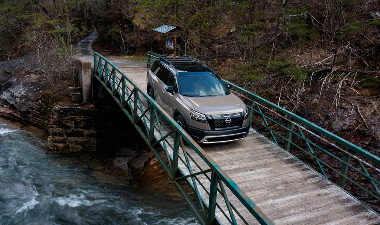 The 2023 Nissan Pathfinder Rock Creek has a unique black V-shaped grille with mesh styling and silver inserts. (Nissan)