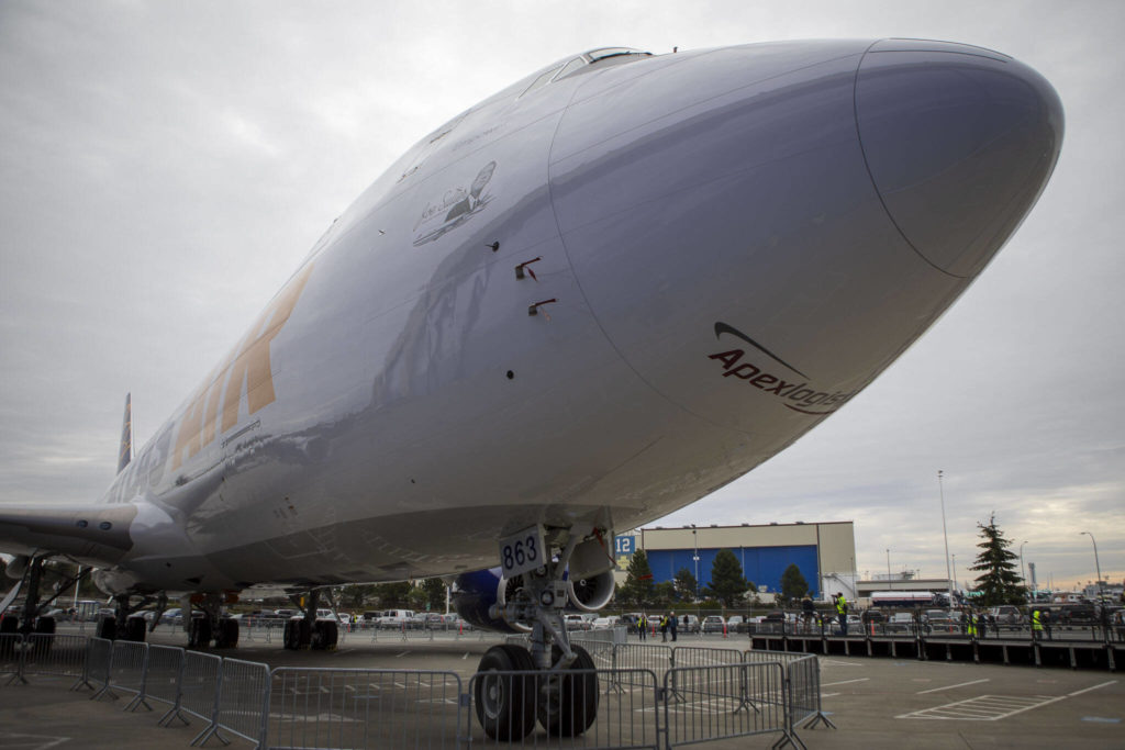 The final 747 sits on display on Tuesday, in Everett. (Annie Barker / The Herald) 
