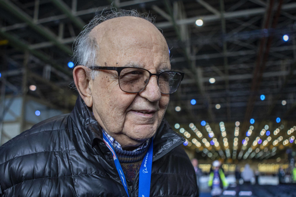 Former employee Frank Abadi, 91, remembers his time as an Incredible during a celebration on Tuesday, at the 747 factory in Everett. Abadi retired in 2022 after starting work in 1962 with Boeing. (Annie Barker / The Herald)
