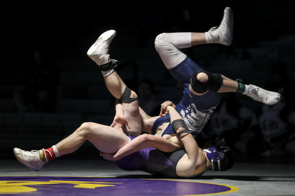Lake Stevens’ Esteban Sedano Jr. and Glacier Peak’s John Allison wrestle at Lake Stevens High School on Thursday Jan. 26, 2023. (Annie Barker / The Herald)
