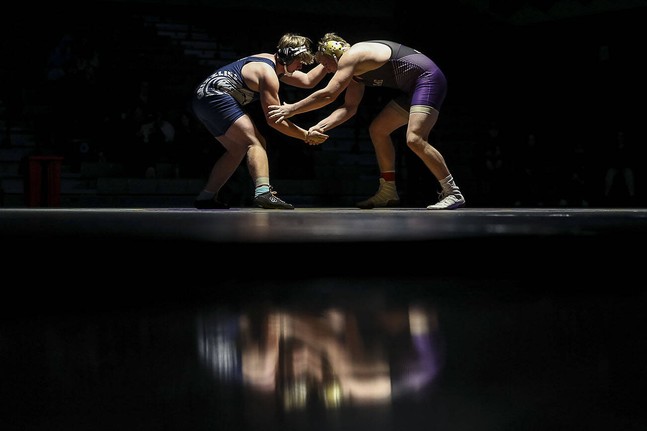 Lake Stevens’ Koen Mattern and Glacier Peak’s Dane Chapman wrestle during the 220 pound weight class match at Lake Stevens High School on Thursday Jan. 26, 2023. (Annie Barker / The Herald)