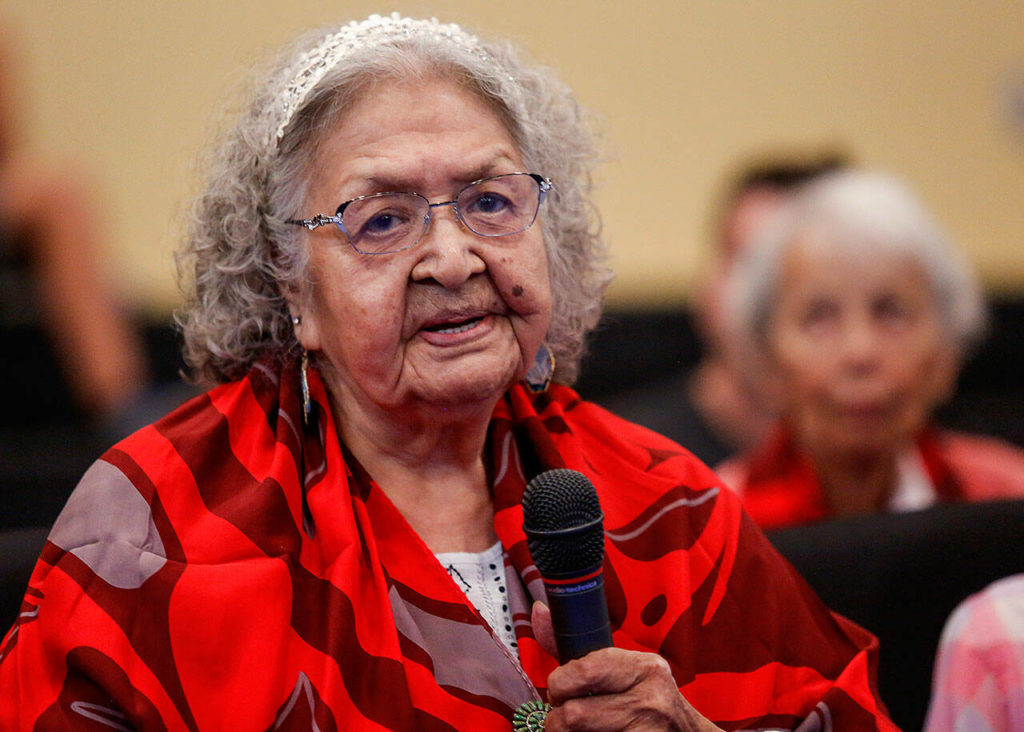 Honored by the Tulalip Tribes, Geraldine Bill said, ” I’m so glad to be here to rejoice with my fellow sisters.” (Dan Bates / The Herald)
