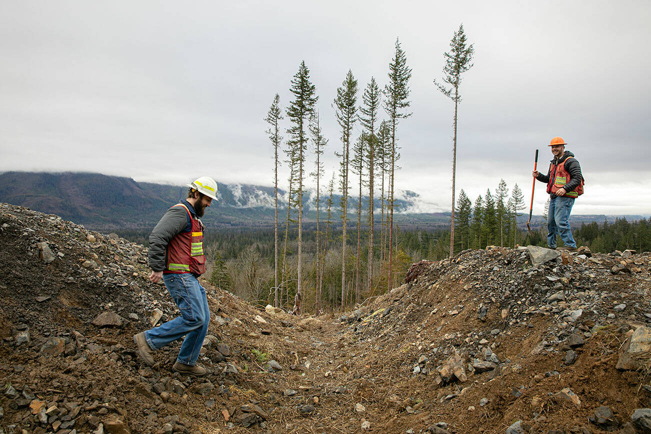 Forester John Moon, left, and Acting Silviculture Manager Cody Topping, both from the DNR, cross a ditch along a temporary roadway at the site of the Middle May timber sale in the Reiter Foothills on Thursday, Jan. 26, 2023, outside Gold Bar, Washington. (Ryan Berry / The Herald)