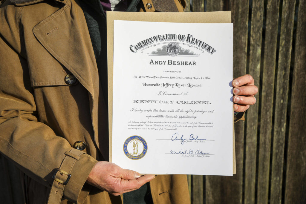 The 12-by-16-inch certificate names Jeffrey Raven Leonard a Kentucky Colonel, an honor from the governor of Kentucky. Leonard, of Everett, received the award for getting the word out about a hiring program for veterans at Home Depot. (Annie Barker / The Herald)

