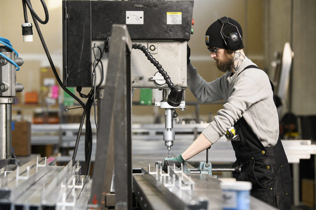 A Pallet shelter employee works in the manufacturing facility on Monday in Everett. (Courtesy of Pallet)
