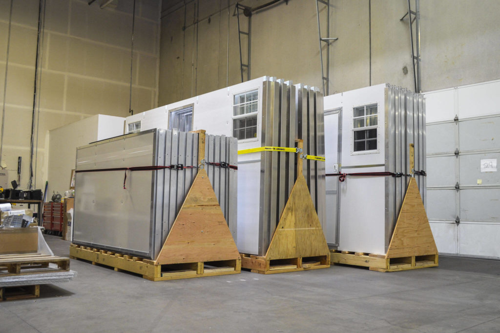 Pieces of finished Pallet shelters at the manufacturing facility on Tuesday, Aug. 4, 2020 in Everett, Washington. (Courtesy of Pallet)
