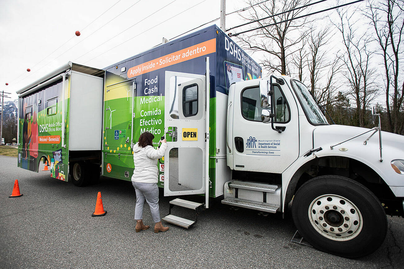 The DSHS Mobile Office outside of the Gold Bar Family Grocer on Tuesday, Jan. 31, 2023 in Gold Bar, Washington. (Olivia Vanni / The Herald)