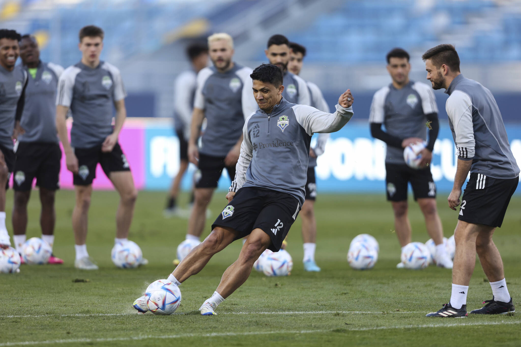 Fredy Montero of Seattle Sounders FC attends a training session in Tangier, Morocco, Friday, Feb. 3, 2023, ahead of the team's quarterfinal Club World Cup soccer match against Egypt's Al Ahly FC. (AP Photo)