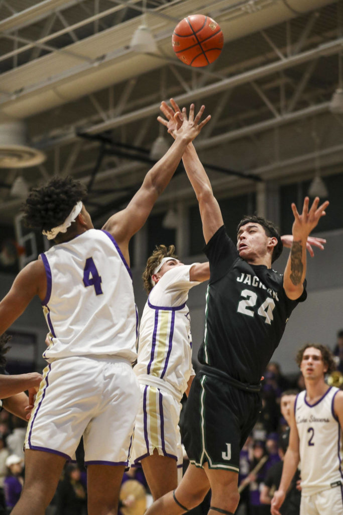 Jackson’s Murphy Blackburn (24) shoots the ball during a game against Lake Stevens on Tuesday in Lake Stevens. Jackson won 87-69. (Annie Barker / The Herald)
