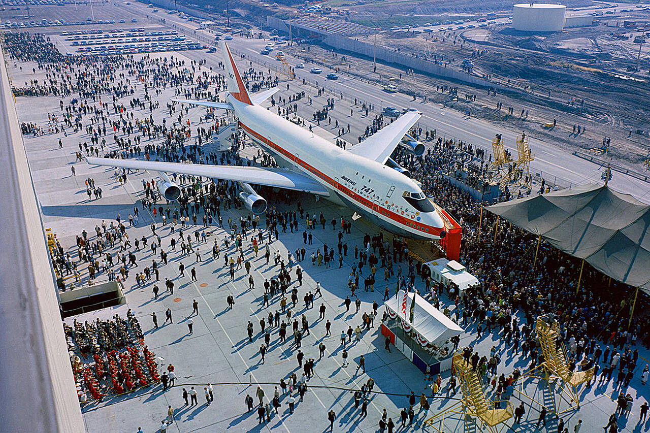 On Sept. 30, 1968, the first 747-100, “The City of Everett,” rolled out of Boeing’s Everett factory. (The Boeing Co.)