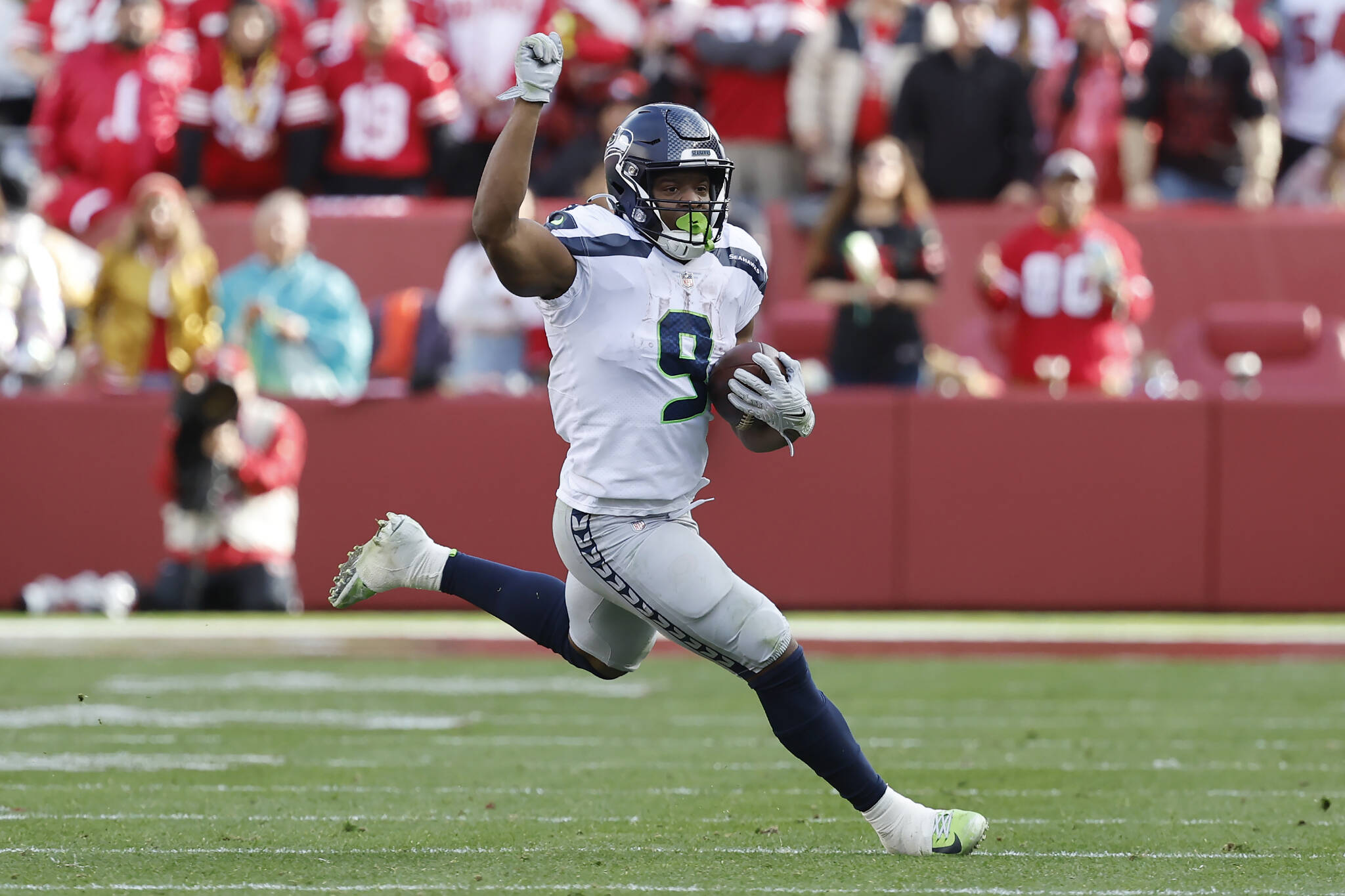 Seahawks running back Kenneth Walker III carries the ball during a playoff game against the 49ers on Jan. 14 in Santa Clara, Calif. (AP Photo/Josie Lepe)