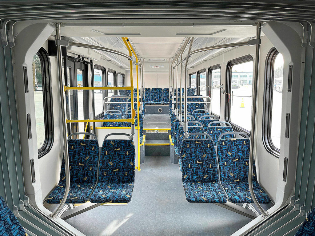Inside the BYD K11M battery electric bus is a little different from Community Transit’s other 60-foot coaches. Notably, without an engine, the ride is much quieter, staff said. (Community Transit)
