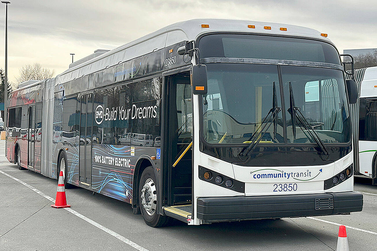 Community Transit is leasing a 60-foot articulated BYD battery electric bus this year as an early step in the zero emission planning process. (Community Transit)