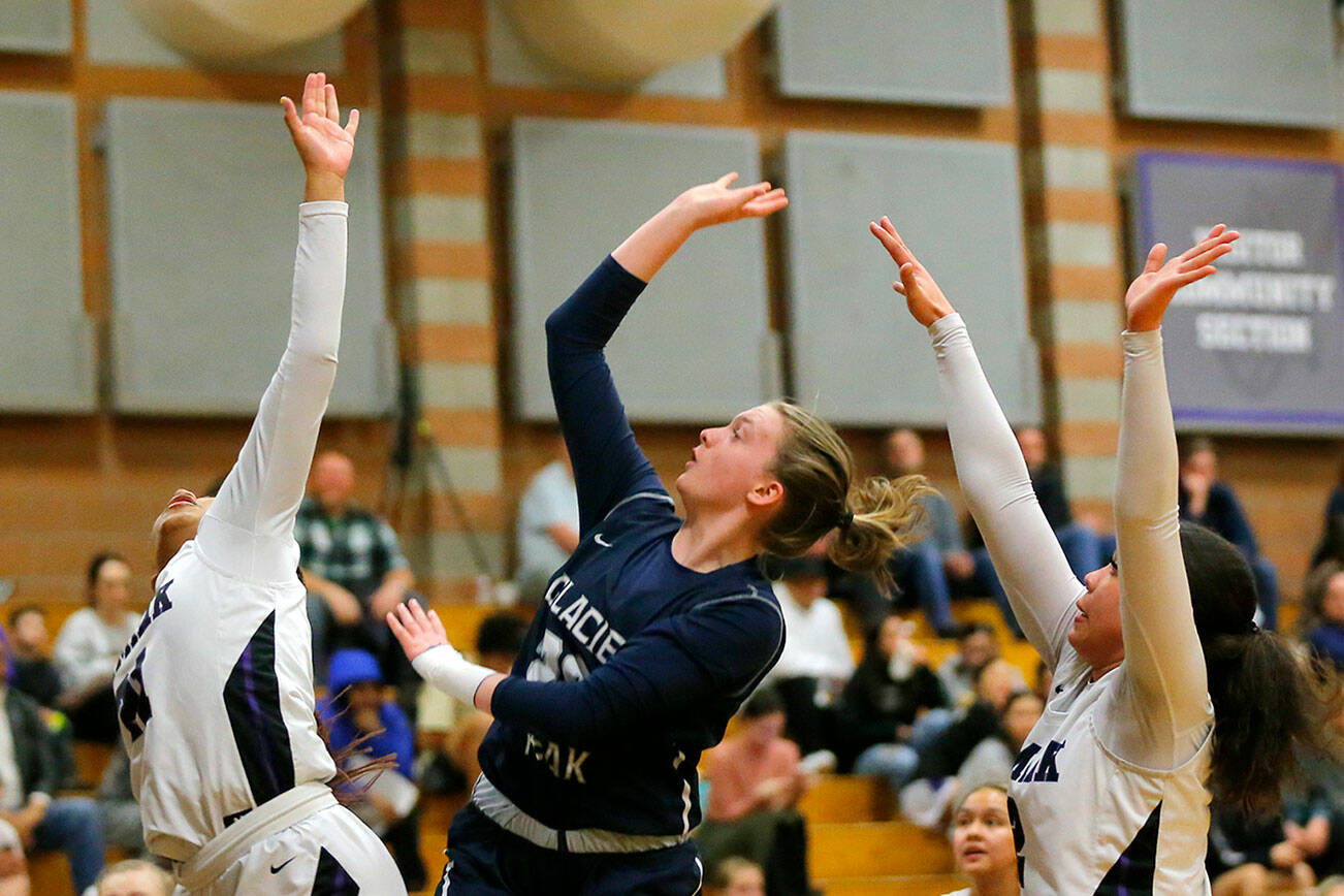 Glacier Peak’s Zoe Ritter puts up a floater in the first quarter against Kamiak on Wednesday, Feb 1, 2023, at Kamiak High School in Mukilteo, Washington. (Ryan Berry / The Herald)