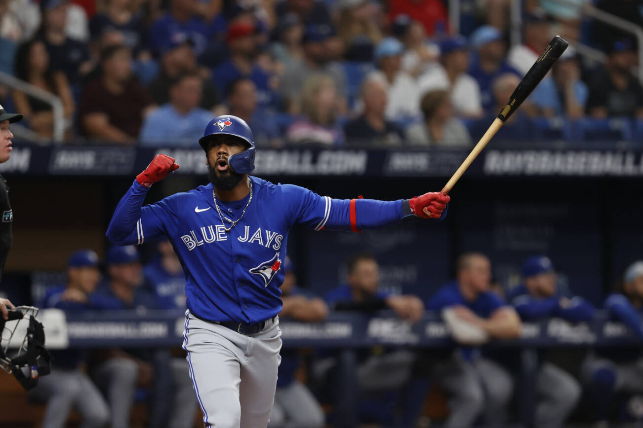 Toronto Blue Jays' Teoscar Hernandez reacts while batting during a baseball game Sept. 24, 2022, in St. Petersburg, Fla. The Seattle Mariners made one of the first big moves of the offseason by acquiring All-Star outfielder Teoscar Hernandez from the Blue Jays in exchange for two pitchers on Wednesday, Nov. 16, 2022. (AP Photo/Scott Audette)