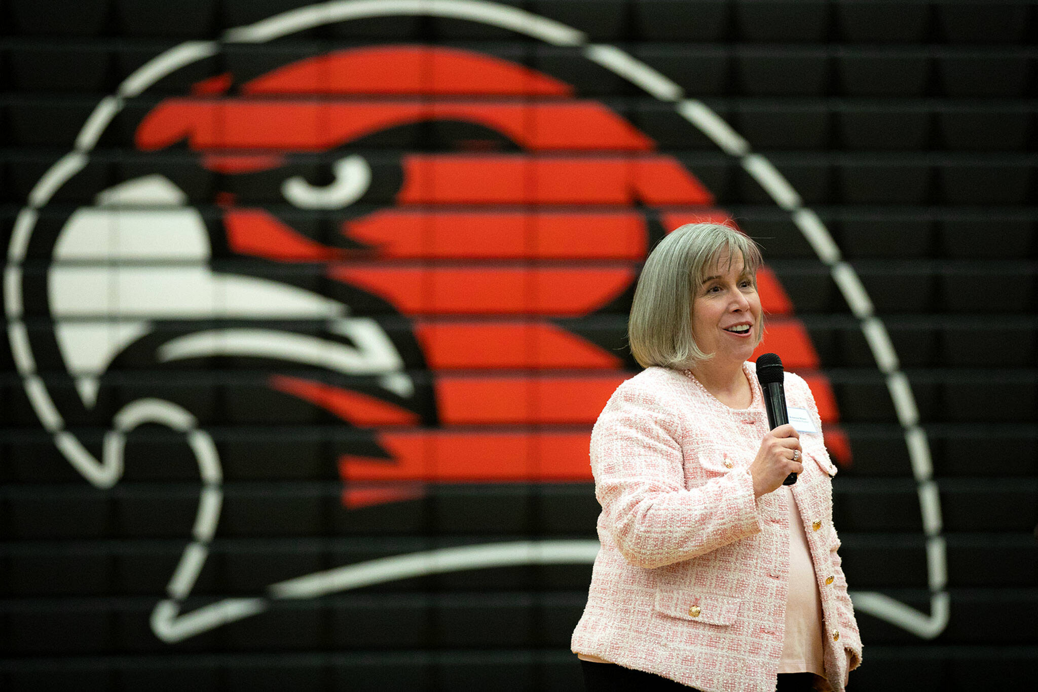 Dr. Rebecca Miner, interim superintendent of Edmonds School District, speaks during a public forum for the finalists for the superintendent position at Edmonds School District on Tuesday, at Mountlake Terrace High School. (Ryan Berry / The Herald)