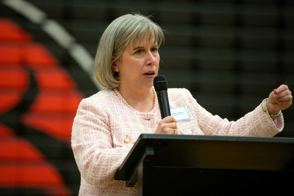 Dr. Rebecca Miner, Interim Superintendent of Edmonds School District, speaks during a public forum to receive feedback on the two candidates for the Superintendent position at Edmonds School District on Tuesday, at Mountlake Terrace High School. (Ryan Berry / The Herald)
