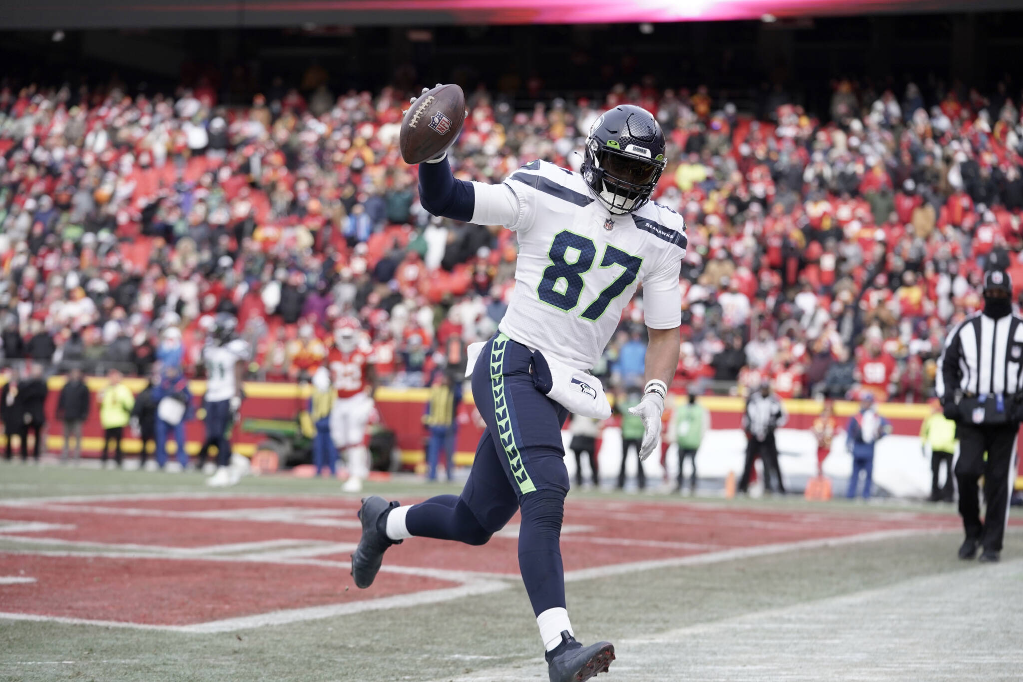 Seattle Seahawks tight end Noah Fant celebrates after catching a touchdown pass during the second half of an NFL football game against the Kansas City Chiefs Saturday, Dec. 24, 2022, in Kansas City, Mo. The Chiefs won 24-10. (AP Photo/Ed Zurga)