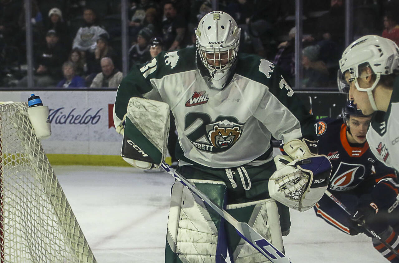 The Silvertips’ Tyler Palmer defends the goal during a game against the Blazers on Jan. 13 at the Angel of the Winds Arena in Everett. (Annie Barker / The Herald)