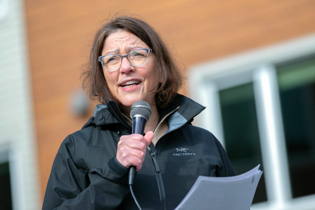 Congresswoman Suzan DelBene gives a brief address during a ribbon cutting ceremony at Housing Hope’s Twin Lakes Landing II on Wednesday, in Marysville. (Ryan Berry / The Herald)
