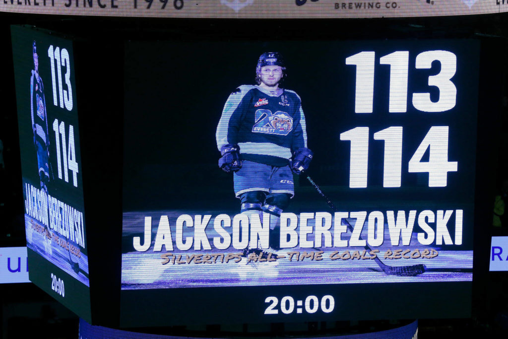 The scoreboard recognizes Silvertips winger Jackson Berezowski as the team’s all time goal scoring leader before a game against Seattle on Saturday, Feb. 4, 2023, at Angel of the Winds Arena in Everett, Washington. (Ryan Berry / The Herald)
