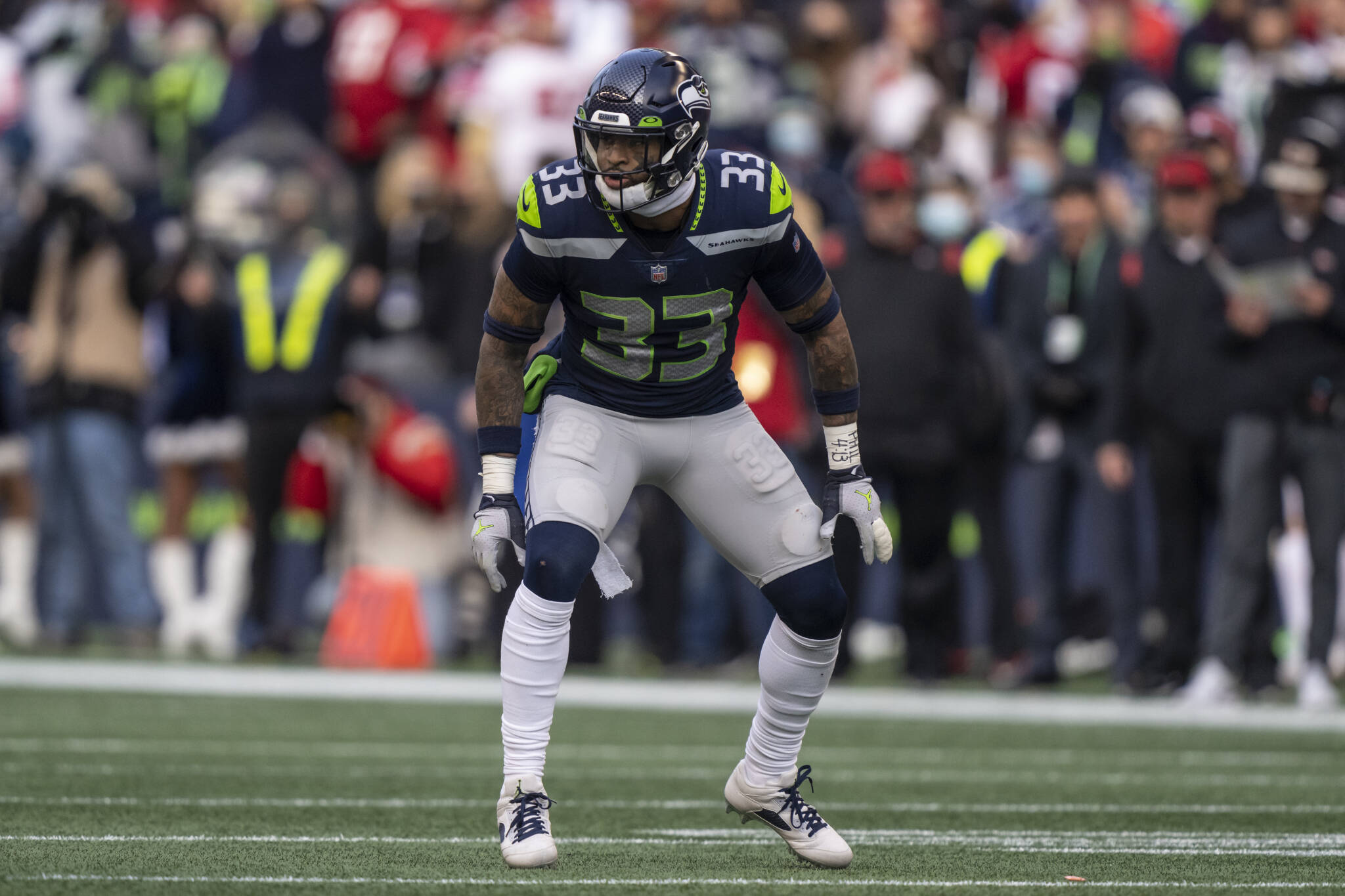 Stephen Brashear / Associated Press
Seahawks safety Jamal Adams gets set for a play during a game against the 49ers on Dec. 5, 2021, in Seattle.