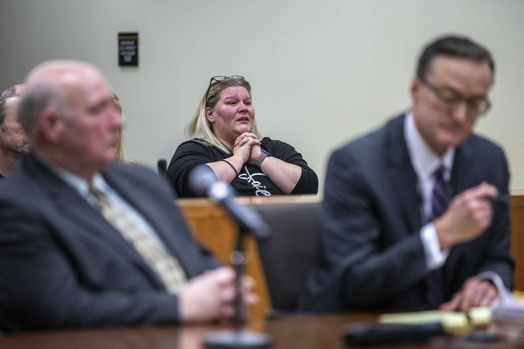 An attendee reacts during Brandon White’s resentencing hearing at the Snohomish County Courthouse on Friday, Feb. 24 in Everett. (Annie Barker / The Herald)
