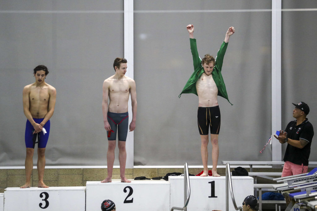 Snohomish’s Torsten Hokanson wins Heat 2 of the 100 Yard Freestyle during the 3A District 1 swim and dive championships at Snohomish Aquatic Center, in Snohomish, Washington on Saturday, Feb. 11, 2023. (Annie Barker / The Herald)

