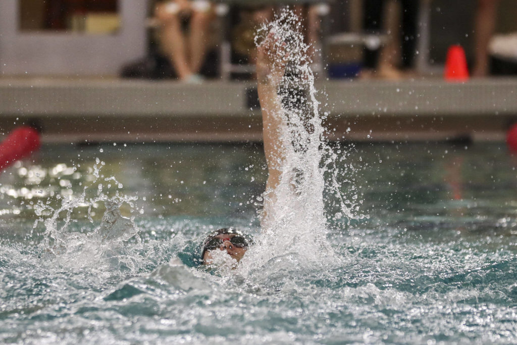 Cascade’s Noah Henderson wins Heat 2 of the 200 Yard IM during the 3A District 1 swim and dive championships at Snohomish Aquatic Center, in Snohomish, Washington on Saturday, Feb. 11, 2023. (Annie Barker / The Herald)
