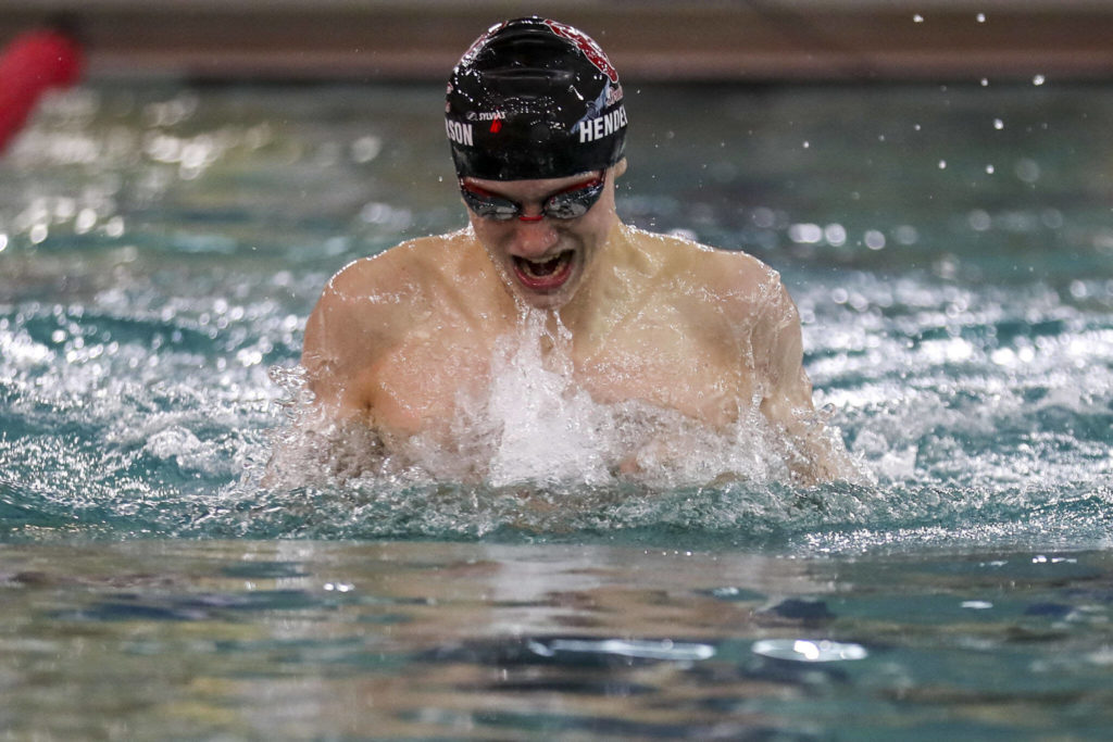 Cascade’s Noah Henderson wins Heat 2 of the 200 Yard IM during the 3A District 1 swim and dive championships at Snohomish Aquatic Center, in Snohomish, Washington on Saturday, Feb. 11, 2023. (Annie Barker / The Herald)
