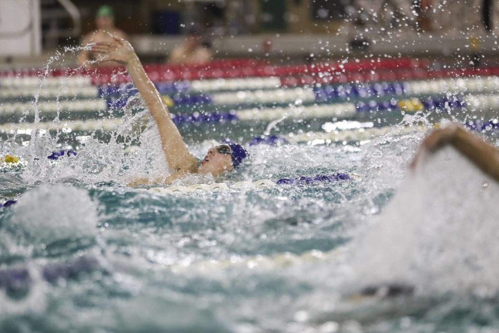 Shorewood’s Ben Allen wins Heat 2 of the 100 Yard Backstroke during the 3A District 1 swim and dive championships at Snohomish Aquatic Center, in Snohomish, Washington on Saturday, Feb. 11, 2023. (Annie Barker / The Herald)
