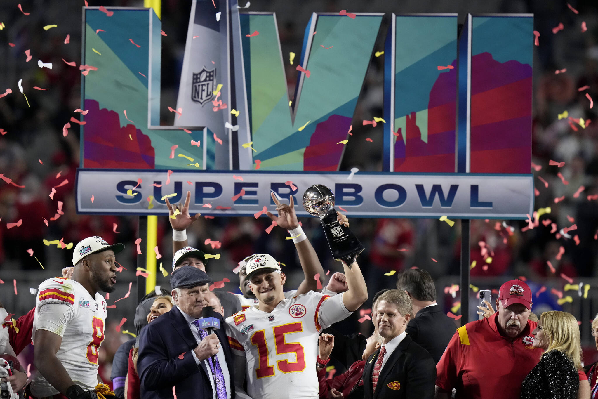 Chiefs quarterback Patrick Mahomes holds the Vince Lombardi Trophy after winning Super Bowl 57 against the Eagles on Feb. 12, 2023, in Glendale, Ariz. (AP Photo/Seth Wenig)