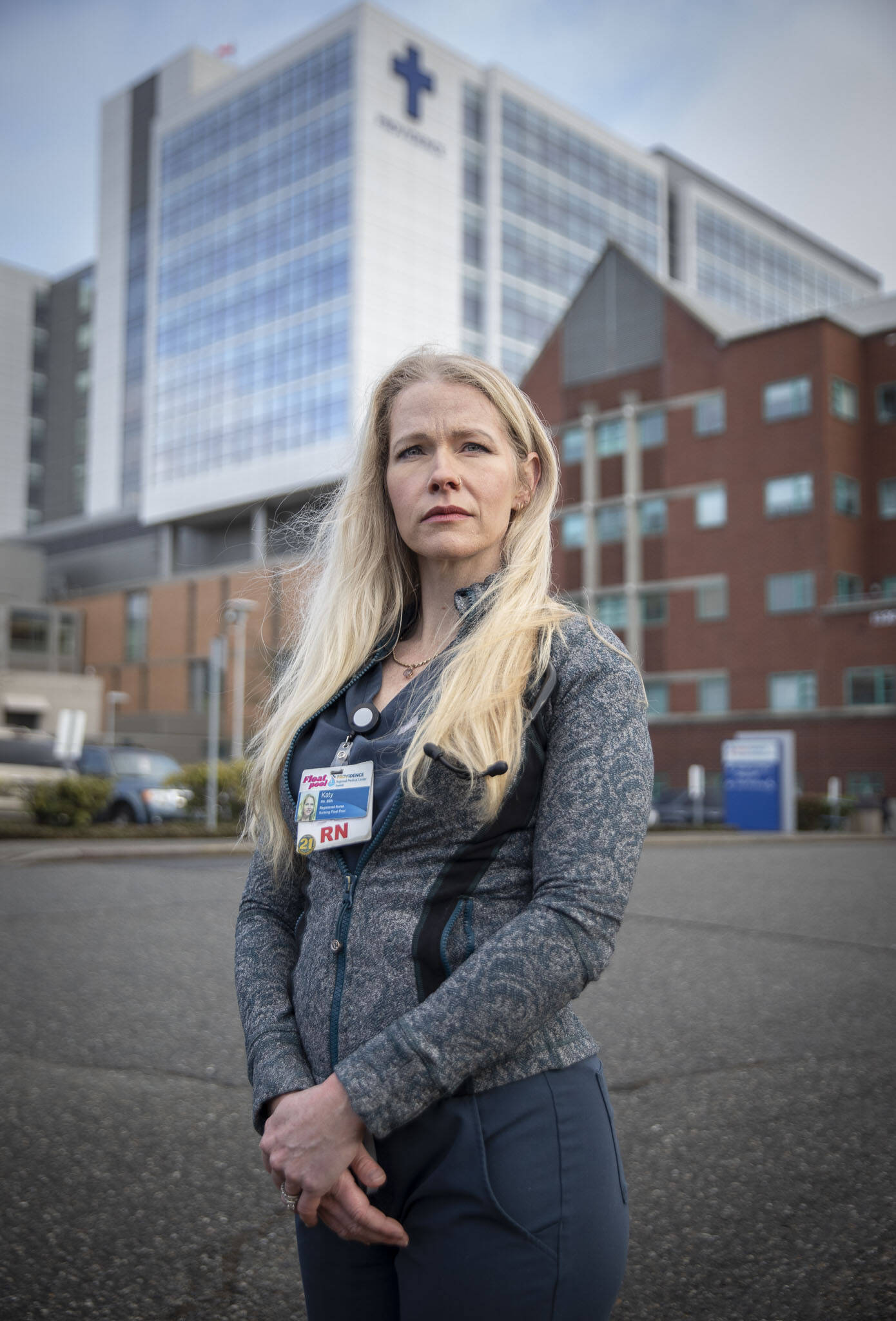 Katy Roth, a nurse seen here Friday outside Providence Regional Medical Center Everett, has worked for over 9 years at the hospital in Everett. (Olivia Vanni / The Herald)