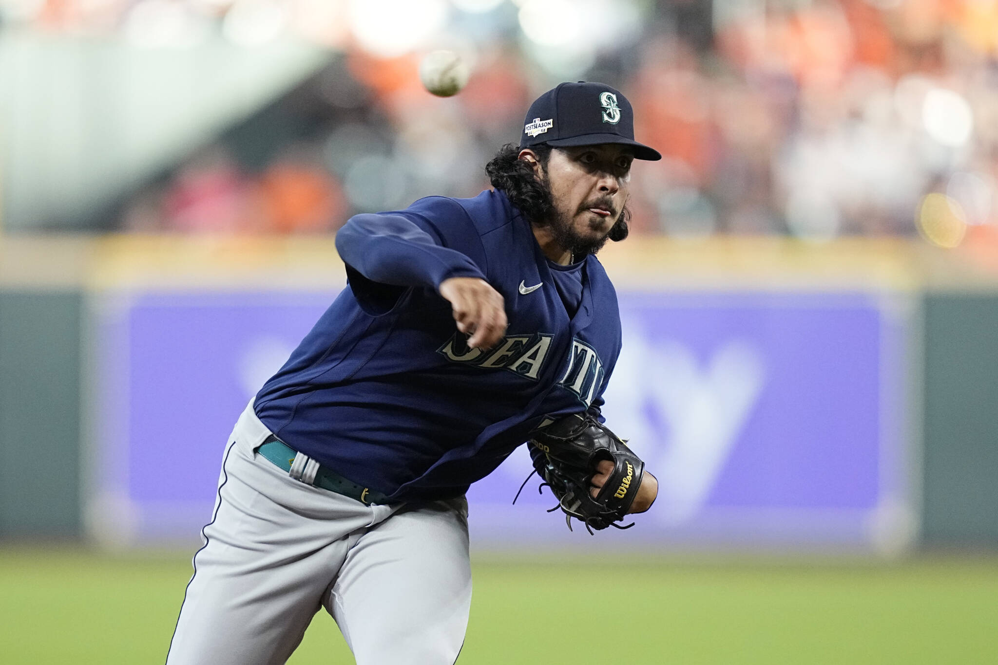 Mariners relief pitcher Andres Munoz throws to a batter during the eighth inning of Game 1 of an American League Division Series against the Astros on Oct. 11, 2022, in Houston. (AP Photo/Kevin M. Cox)