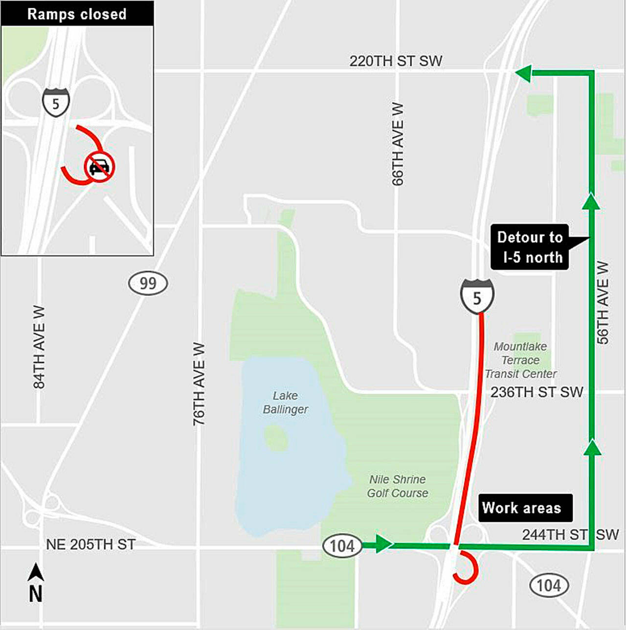 A detour for drivers during ramp closures from Highway 104 to Interstate 5 North uses 55th Avenue W to 220th Street SW. (Sound Transit)
