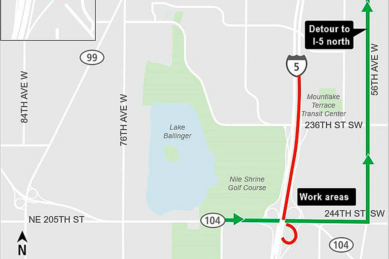 A detour for drivers during ramp closures from Highway 104 to Interstate 5 North uses 55th Avenue W to 220th Street SW. (Sound Transit)