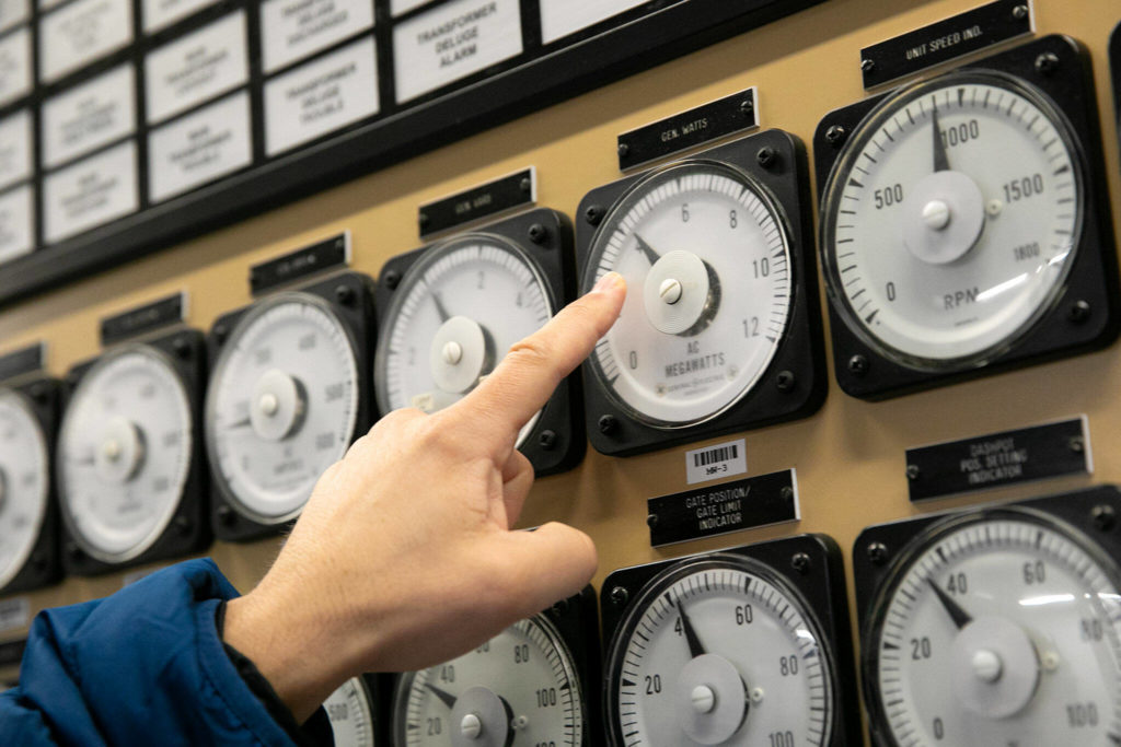 A dial indicating 4 megawatts of power production from one of two Francis turbine units at the Henry M. Jackson Powerhouse on Friday near Sultan. Some of the water that passes through units 3 and 4 — the two Francis turbines — is diverted to Lake Chaplain, which supplies water to Everett. (Ryan Berry / The Herald)
