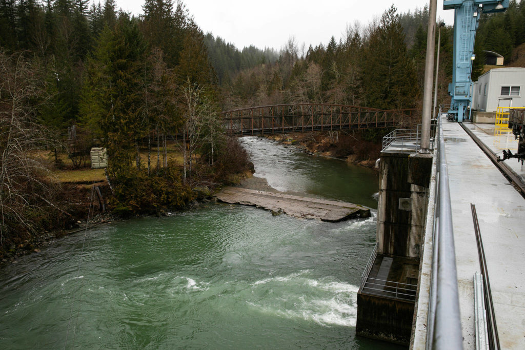 The Sultan River arrives at the Henry M. Jackson Powerhouse, where water flowing from Culmback Dam at Spada Lake is harnessed to produce energy before being rerouted back to the river or underground to Everett’s water supply, Lake Chaplain, on Friday near Sultan. (Ryan Berry / The Herald)
