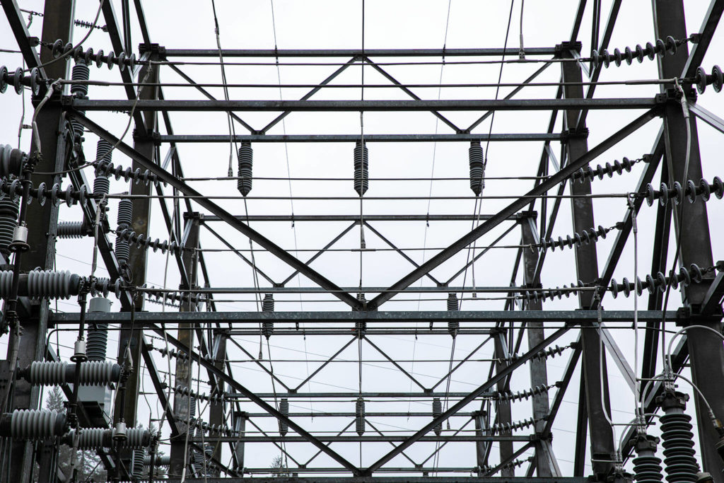 High voltage wiring from a substation adjacent to the Henry M. Jackson Powerhouse hangs in the air Friday near Sultan. (Ryan Berry / The Herald)
