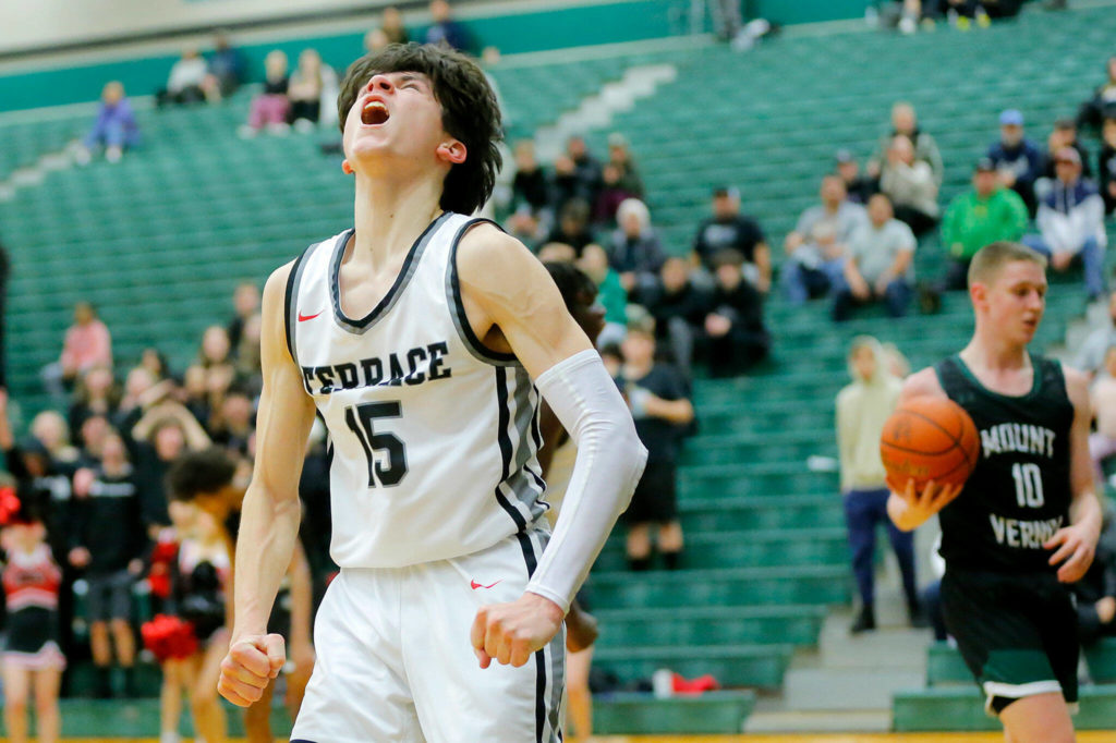 Mountlake Terrace’s Jaxon Dubiel lets out a yell after scoring in the final minutes against Mount Vernon on Wednesday, Feb. 15, 2023, at Jackson High School in Mill Creek, Washington. (Ryan Berry / The Herald)
