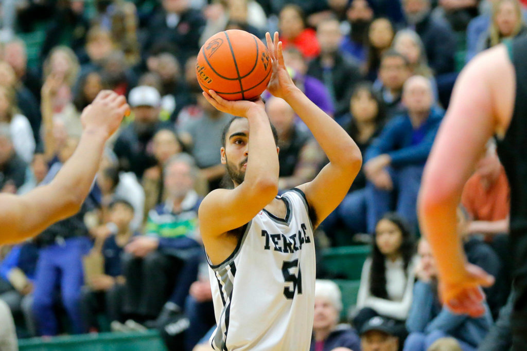 Mountlake Terrace’s Svayjeet Singh nails a three point jumper against Mount Vernon on Wednesday, Feb. 15, 2023, at Jackson High School in Mill Creek, Washington. (Ryan Berry / The Herald)
