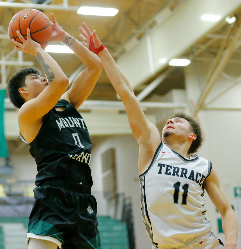 Mount Vernon’s Notah Edwards pulls up for a shot against Mountlake Terrace on Wednesday, Feb. 15, 2023, at Jackson High School in Mill Creek, Washington. (Ryan Berry / The Herald)
